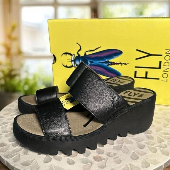Fly London $190 BESY357FLY Moose Black Leather Slide Wedge Sandals Women’s EU 38 - Picture 6 of 16